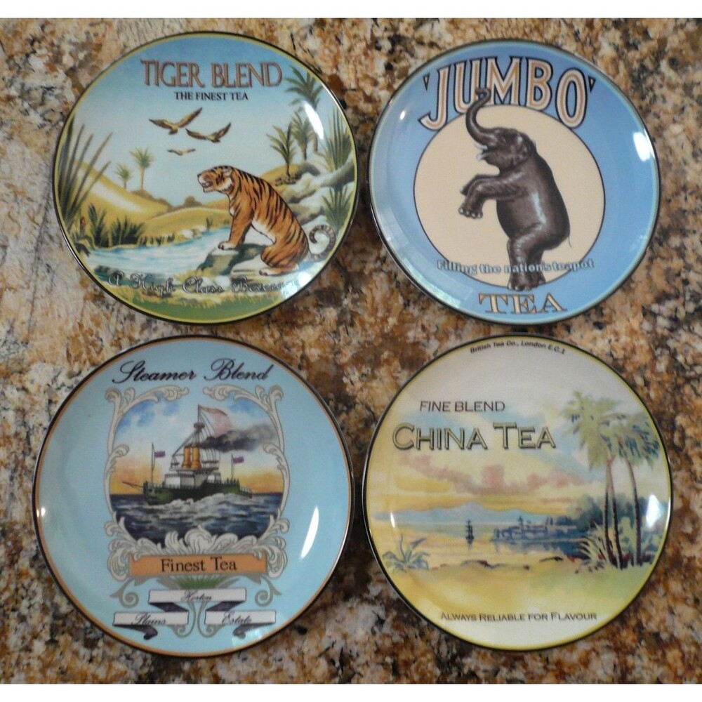 BIA Cordon Bleu Set of 4 Exotic British Tea Advertising Appetizer Plates 6.5"